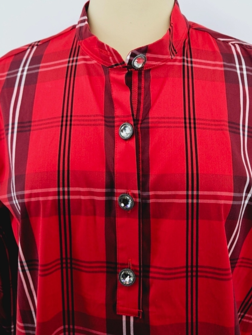 Chico's Red Plaid Crystal Bling Holiday Christmas Blouse Button Down 3 XL 16 18 - Picture 6 of 16